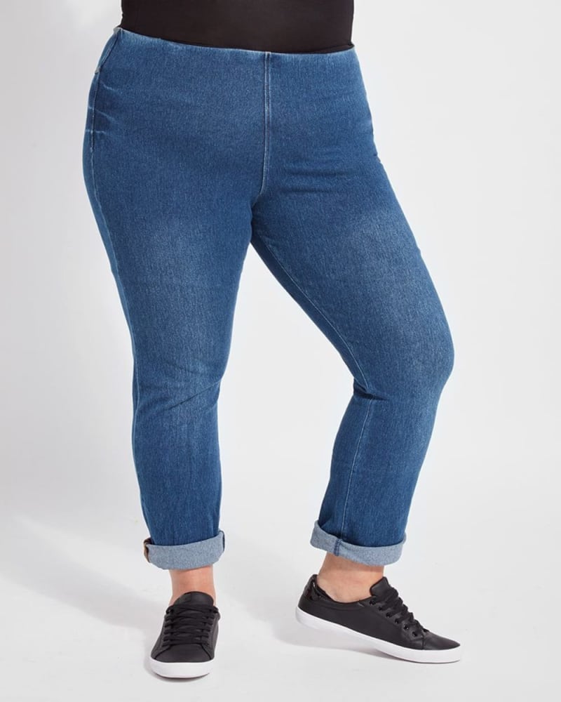 Front of a model wearing a size 1X Jewel Straight-Leg Jeans in Mid Wash by Lysse New York. | dia_product_style_image_id:284523